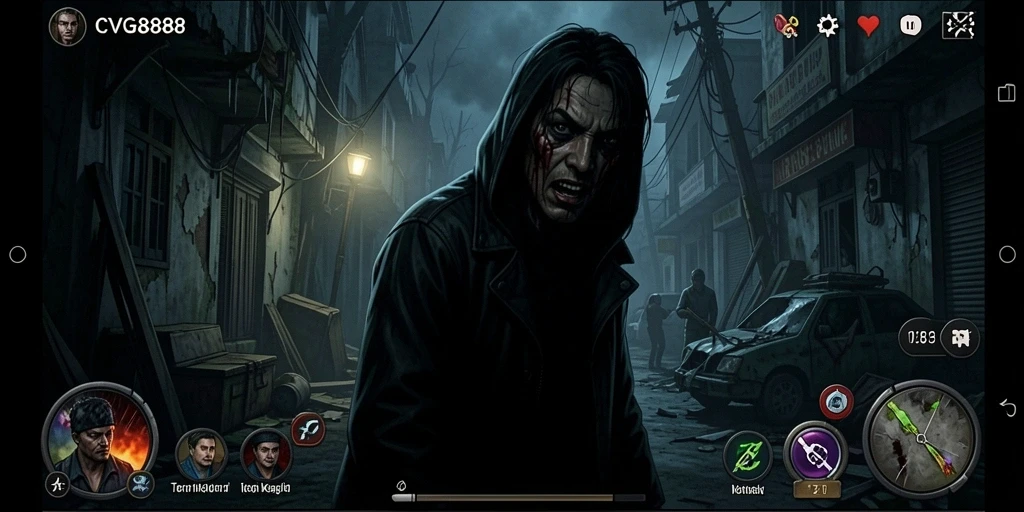 Tampak gameplay CVG8888 yang penuh ketegangan dan kegelapan.