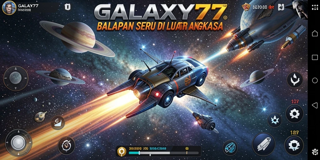 Tangkapan layar permainan GALAXY77 yang menunjukkan aksi balapan luar angkasa.