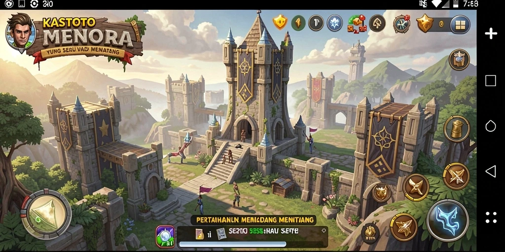 Screenshot gameplay KASTOTO menampilkan aksi menara dalam pertempuran melawan musuh.